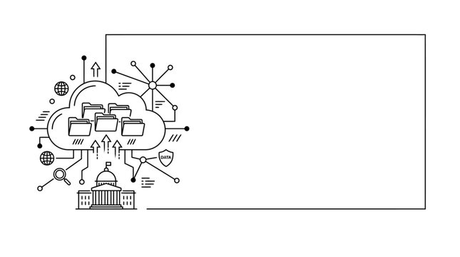 A hand drawn sketch of government cloud computing infrastructure and data management.