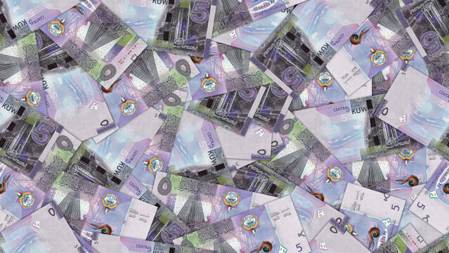 Finance illustration. Seamless pattern. Disorganized scattered paper banknotes of 5 dinars kuwaiti. State of Kuwait money. Textured background or wallpaper. Obverse and reverse. Bills of five dinar