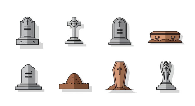 Collection of Gravestones, Tombs, Coffins, and Angel Statues on Isolated White Background, Funeral and Cemetery Elements Illustration Set, Memorial and Burial Icons