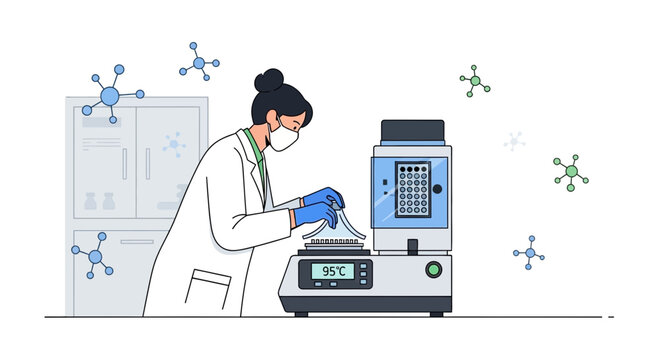 Scientist in lab coat and mask uses PCR machine for DNA analysis, surrounded by molecules