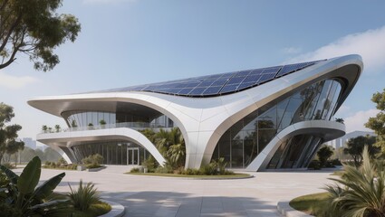 Fototapeta premium Futuristic Sustainable Office Building with Solar Panels