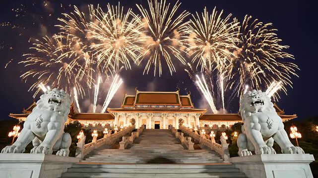 Fireworks exploding over a traditional Chinese palace building at night. Large stone lion statues flank the grand illuminated staircase. Lunar New Year concept for travel and cultural marketing.
