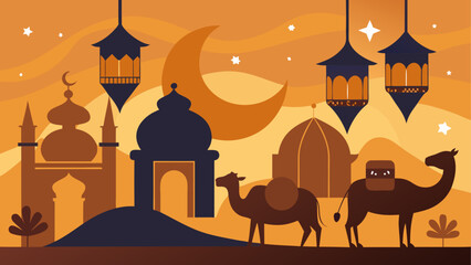 Islamic, Ramadan, Desert, Camel, Mosque, Vector Icons © ruposhi