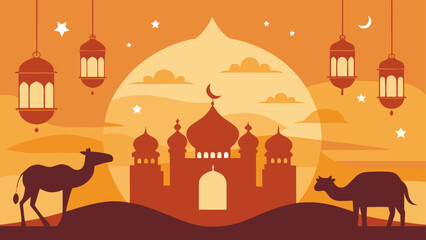 Islamic, Ramadan, Mosque, Camel Vector Illustration, Eid Mubarak Background © ruposhi