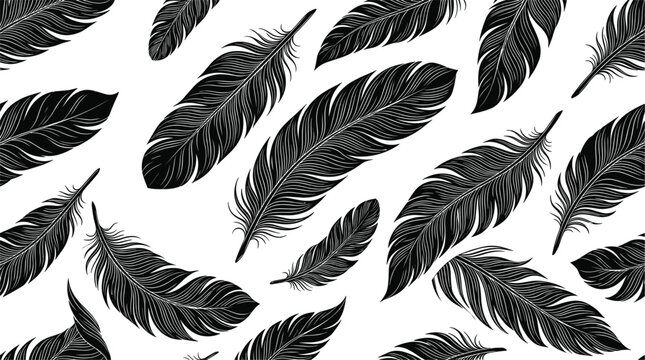 Seamless pattern with black bird feathers vector background engraved texture linocut style wallpaper fabric print