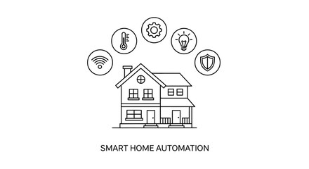 Fototapeta premium Smart home automation concept with house icon and technology line art icons.