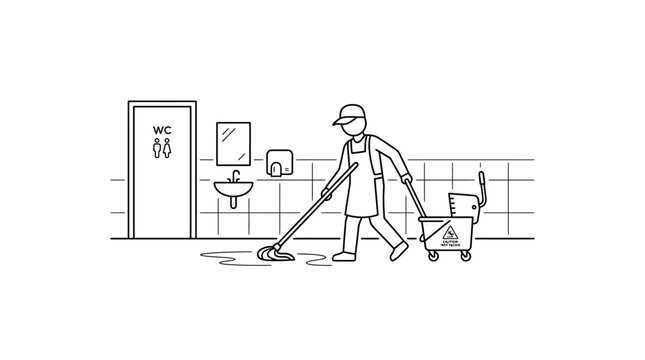 A professional janitor mopping the floor in a public restroom.