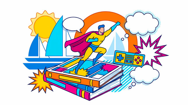 Super hero character flying over stack of books and video games