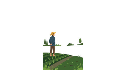 A farmer wearing a straw hat stands in a green field looking out at the horizon. © Chasma_Kamalia