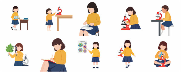 Fototapeta premium Flat illustration set of a young girl student performing various science activities including using a microscope, examining leaves, and studying cell biology.