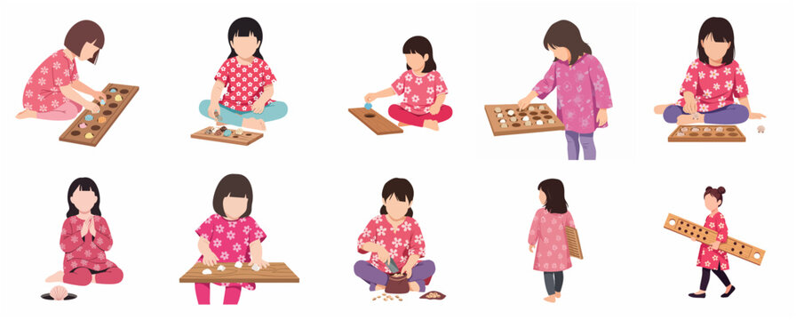 Little Girl Playing Congkak or Dakon Traditional Board Game Vector Illustration Set