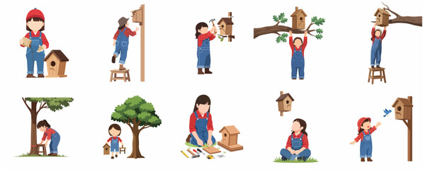 Fototapeta premium Set of vector illustrations featuring a young girl building, installing, and caring for wooden birdhouses, showing various steps of a DIY woodworking hobby for kids.