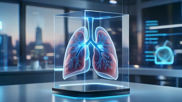 Gleaming 3d Model of Human Lungs in Futuristic Transparent Display