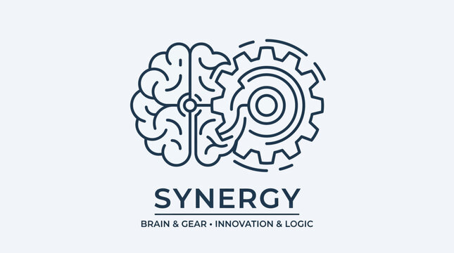 A minimalist logo design featuring a human brain merged with a mechanical gear.