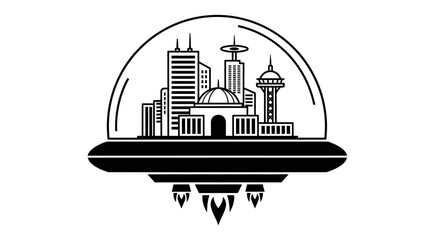 Futuristic floating city inside a glass dome spaceship icon. © Chasma_Kamalia