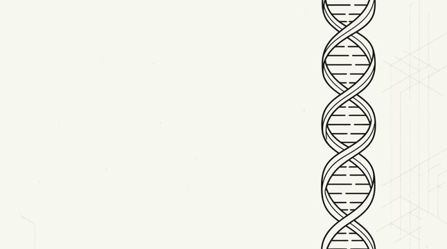 A detailed black and white illustration of a double helix DNA strand.
