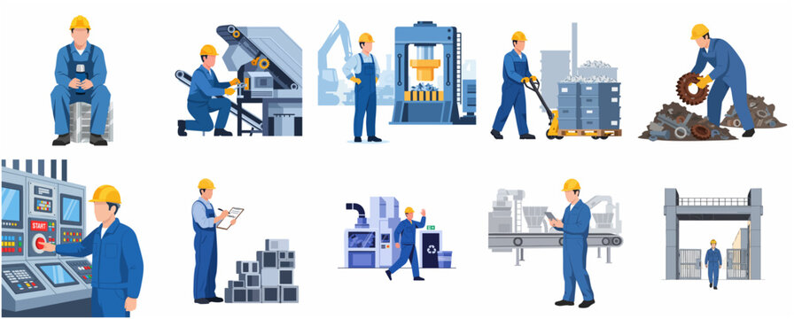 Industrial Factory Workers and Manufacturing Process Illustration Set