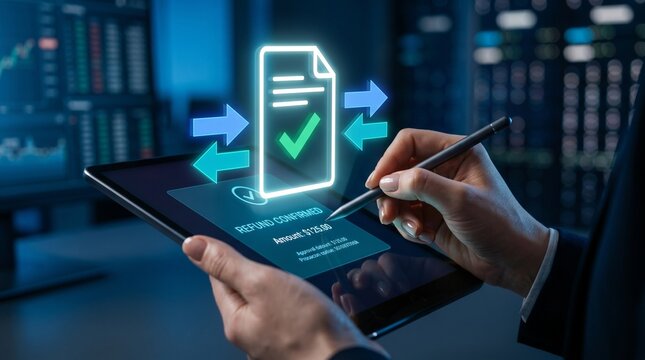 Refund Confirmation tablet businessperson reviewing digital refund approval finance document office concept