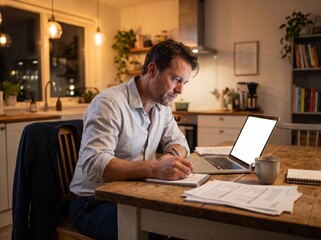 Obraz premium Man writing notes beside laptop mockup with blank white screen and documents at kitchen table in warm evening home workspace