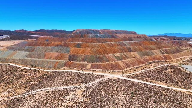 Arid Mojave Desert in California, USA. Drone footage near the Mountain Pass Rare Earth Mine located near San Bernardino County.