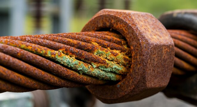 Close up heavy rust thick green oxidation massive copper grounding cable.