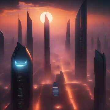 Futuristic sci-fi skyscrapers piercing through orange haze at sunset