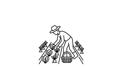 Obraz premium A simple line art illustration of a farmer harvesting vegetables in a field.