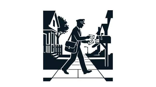 A silhouette illustration of a postal worker delivering mail into a roadside mailbox.