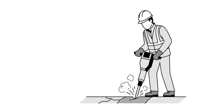 A construction worker using a jackhammer to break up concrete pavement.