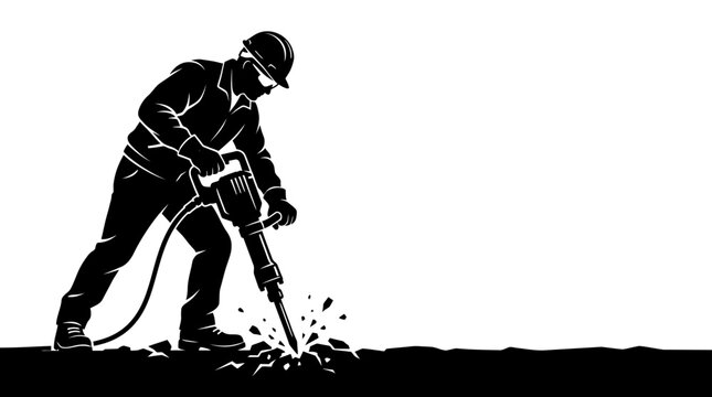 A black and white illustration of a construction worker operating a jackhammer.