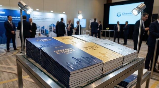 Stacks of corporate brochures titled Innovate and Thrive 2024 in blue gold and silver covers on a glass table under spotlights at a professional business conference networking event.