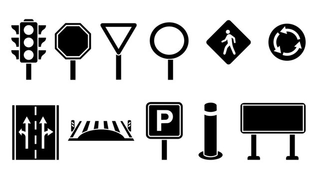 Traffic Sign and Road Safety Silhouette Icons Set