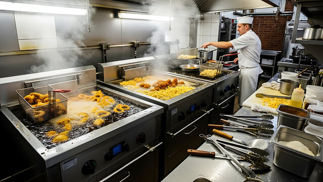 Intense culinary chaos in a professional industrial kitchen featuring a double fryer brimming with crispy snacks splashing in hot bubbling oil during a hectic dinner service shift.