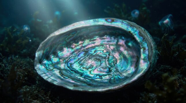 Macro view of an iridescent abalone shell resting on a dark seabed with swirling blue, green and pink mother-of-pearl patterns under soft underwater light rays with jellyfish.