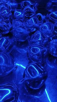 Metallic Foil Balloons Floating in Neon Blue Light Room