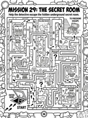 Obraz premium Intricate black-and-white maze puzzle game map titled Mission 29: The Secret Room with hidden traps and escape challenges, detailed line art design
