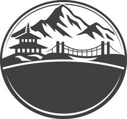 Nepal Mountain Badge Vector with Temple and Suspension Bridge © Himal