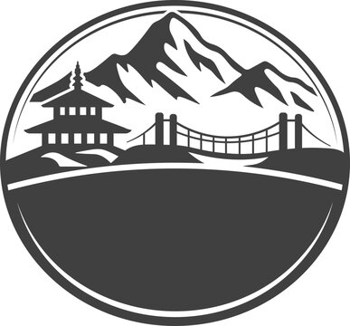 Nepal Mountain Badge Vector with Temple and Suspension Bridge