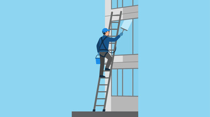 A professional window cleaner working on a tall ladder against a building. © Misha_Naila