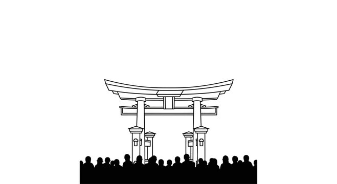 A crowd of people standing before a traditional Japanese Torii gate structure.