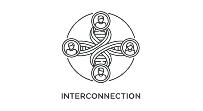 Abstract illustration of human interconnection through genetic DNA strands connecting diverse people.