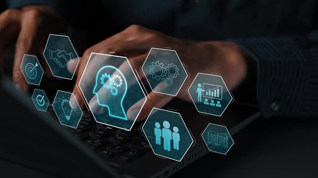 Head with gear and icons representing learning, digital training, and development process, showing skill growth for human or AI systems through knowledge or task optimization Marrow