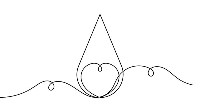 Heart shape inside blood drop icon sign continuous one line art drawing on white background love and clinical concept symbol 4k animation video