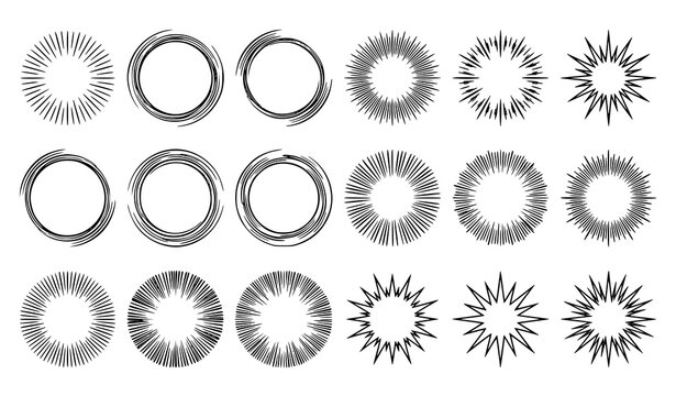Abstract sunburst and circular frames line art set, decorative geometric starburst and sun symbols.
