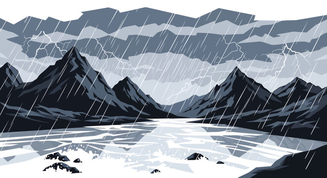 A dramatic mountain landscape with heavy rain and lightning over a stormy lake.