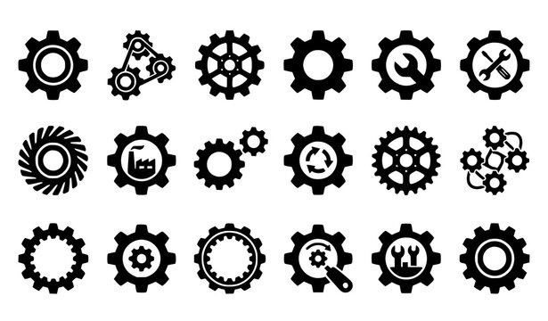 Mechanical gears and cogs silhouette icon set, black industrial machine parts and settings symbols grid.