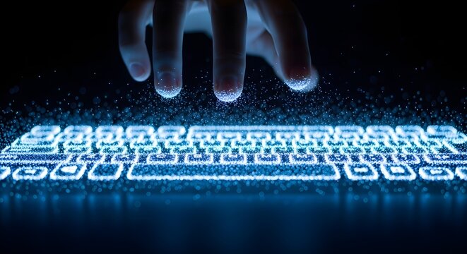 Illuminated digital keyboard with a hand poised to type, representing modern tech innovations