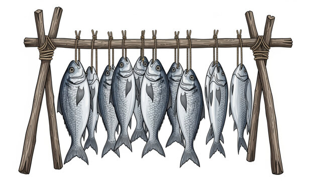 Hand Drawn Silver Fish Hanging on Rustic Wooden Drying Frame Vector Illustration