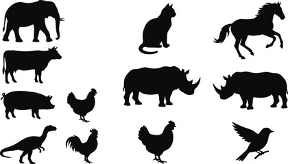 Fototapeta premium Animal Silhouette Collection with Elephant Rhinoceros Horse Cat Farm Animals and Dinosaur Vector Set
