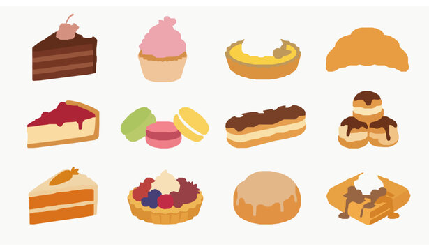 Delicious bakery cakes and pastry elements set, colorful flat vector illustration of sweet desserts and slices.